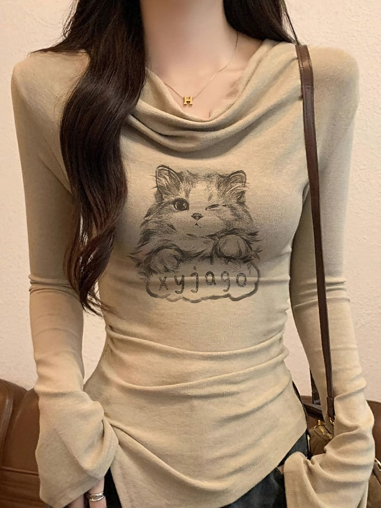 Y2k Cat Long sleeve T-shirt Women Luxury Korean Graphic Off shoulder Top Casual Lady Basic Tees Slim Sexy