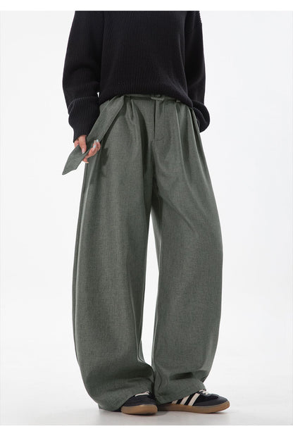 Men's Pleated Drape Curved-Leg Trousers Loose-Fit Straight-Leg Pants Retro-Style Belted Casual Pants