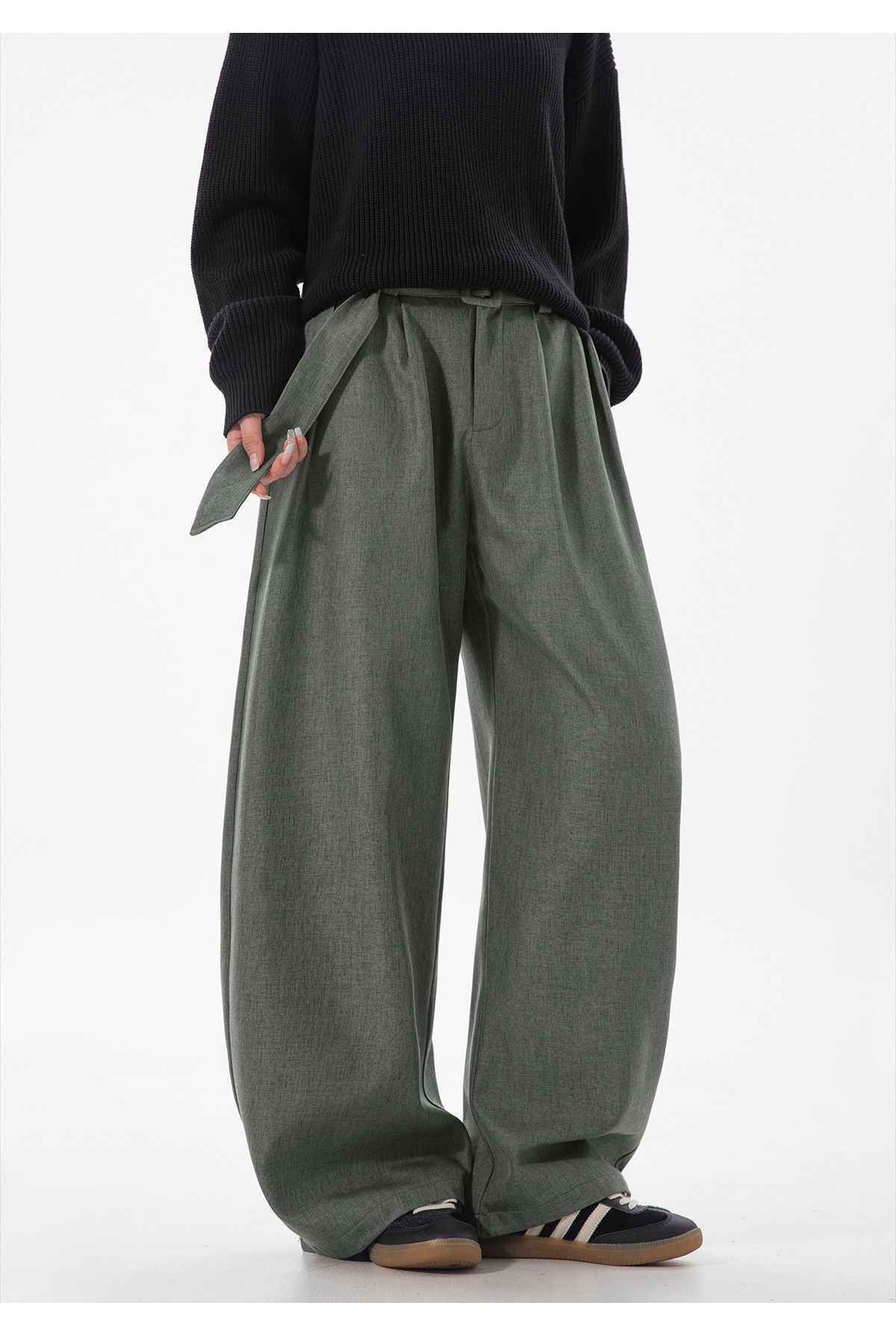 Men's Pleated Drape Curved-Leg Trousers Loose-Fit Straight-Leg Pants Retro-Style Belted Casual Pants