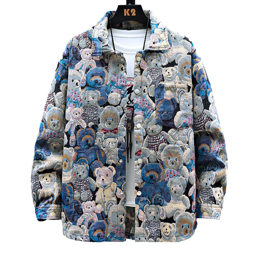 Men Teddy Bear 3/4 Sleeve Jacket Fashion Animal Pattern Coat Jacquard Woven Top Outerwear