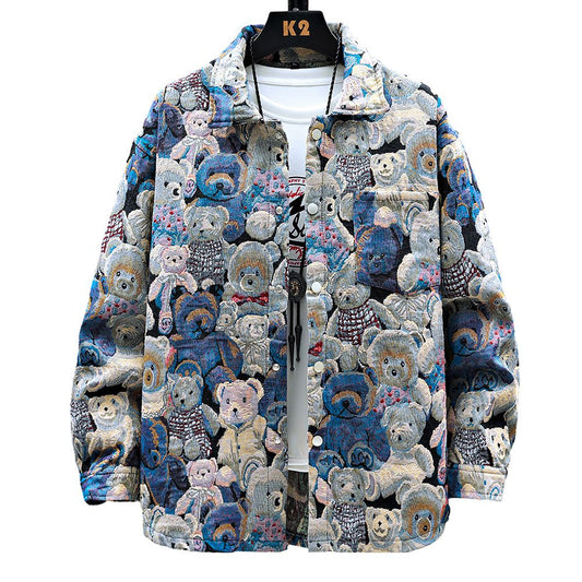 Men Teddy Bear 3/4 Sleeve Jacket Fashion Animal Pattern Coat Jacquard Woven Top Outerwear
