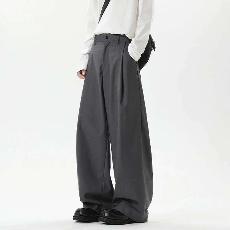 IEFB American Style Men's Suit Trousers Pleated Design Wide Leg Solid Color Button Casual Bottom Straight New Male Pants 9W766