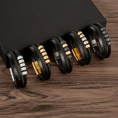 Pulseira de Couro Masculina Punk com Fecho Magnético de Aço Inoxidável Trançado em Camadas Envoltório de Couro Pulseiras Presente Joias Masculinas