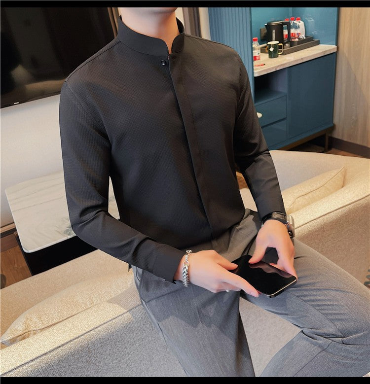 Men Standing Collar Shirt Long Sleeved 2024 Autumn British Style Solid Casual Hidden Button Elastic Slim Fit Formal Dress Shirt