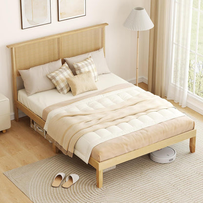 Full Size Wood Platform Bed Frame with Rattan Headboard, Boho Rubber Wood Bed Frame with Plywood Slats & Under-Bed Stora
