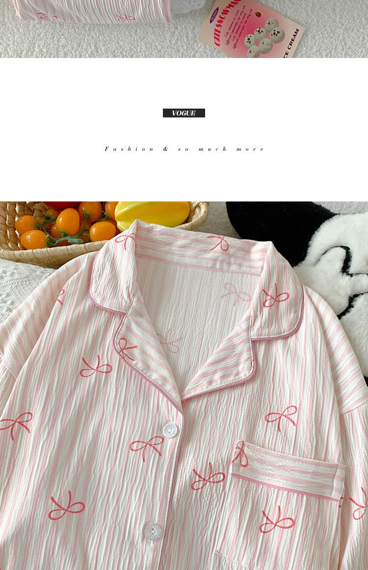 Spring and Autumn Sweet Bow Korean Style Ins Wrinkled Fabric Long Sleeve Cardigan Nightgown Women's High-Quality Homewear Set