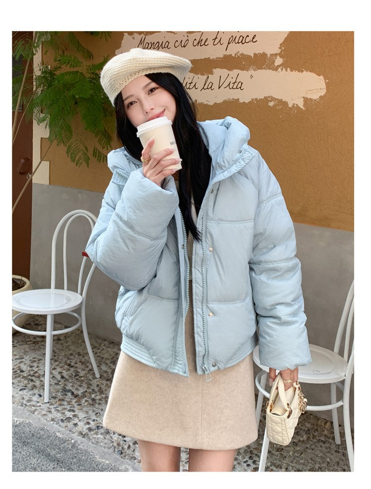 Korean Winter Women Black Beige Hood Zipper Down Jacket Ladies Blue Single Breasted Short Warm Thick Bread Coat Streetwear Trend