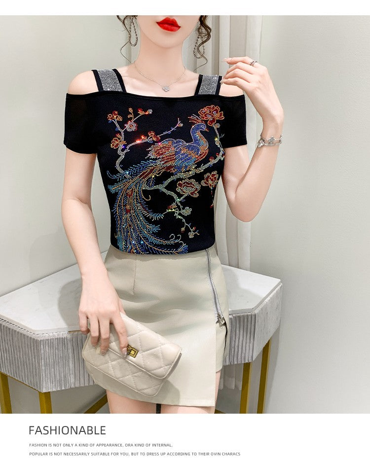 Summer New Fashion Cartoon T-shirt Chic Hollow Out Hot Diamonds Tees Sexy Off Shoulder Short Sleeve Women's Tops Blouse