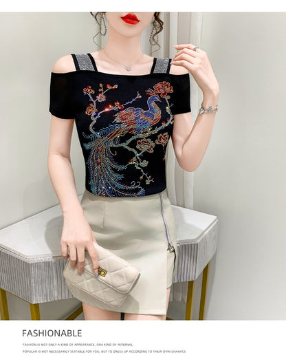 Summer New Fashion Cartoon T-shirt Chic Hollow Out Hot Diamonds Tees Sexy Off Shoulder Short Sleeve Women's Tops Blouse