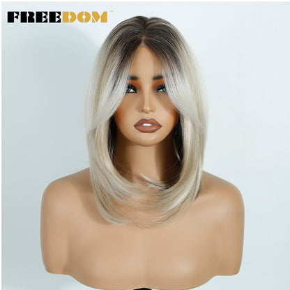 FREEDOM 13x4 Synthetic Lace Front Wigs For Women Short Bob Wig With Bangs Pre Plucked Wear And Go Pre-cut Ombre Blonde Lace Wigs