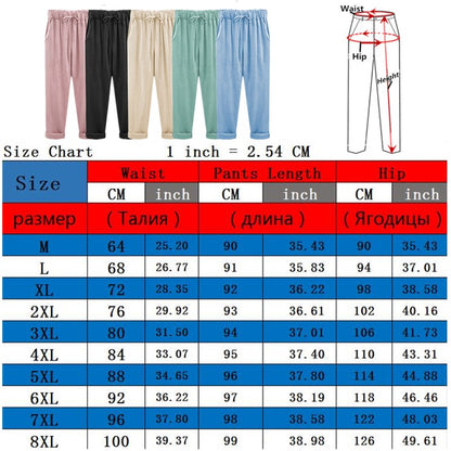 Cotton Linen Pants, Elastic Mid Waist Ankle Length Pant, Casual Women Loose Spring Pants, Female Slacks Size M-5XL 6XL 7XL 8XL