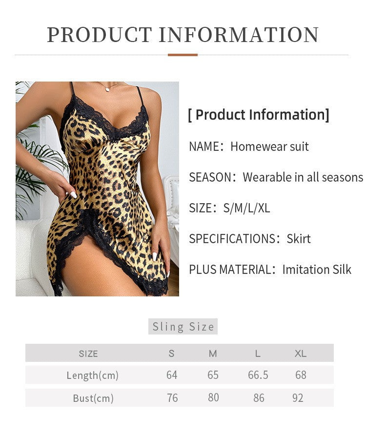 Lace Trim Leopard Nightdress V Neck Backless Side Split Slip Sleep Dress Women's Sleepwear Dresses