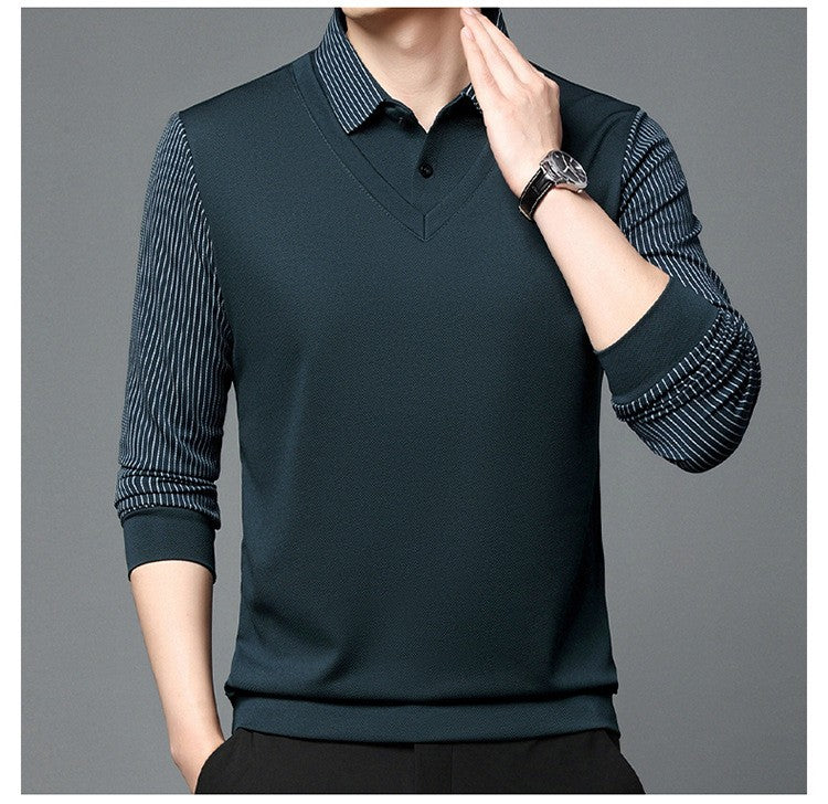 Fashion Fake Two-piece Men Long Sleeve Shirt Stripe Splice Lapel Loose Casual Pullover Tops 2025 Male Formal Business Polo Shirt
