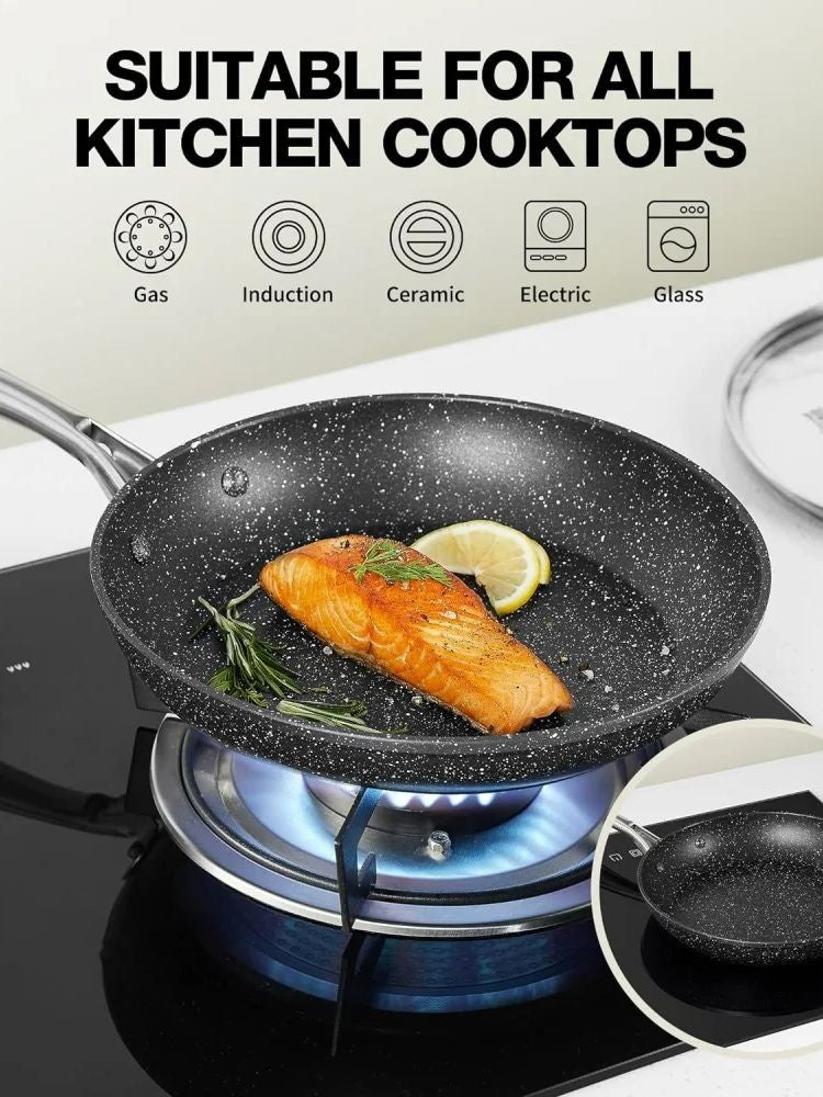 8 Inch Nonstick Frying Pan with Lid, Marble Skillet, Stone-Derived Coating,APEO & PFOA Free, with Heat-Resistant Handle