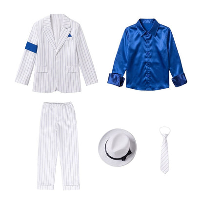 Kids Michael Jackson Cosplay Costume Boys White Striped MJ Suit Tap Dance Outfit Halloween Party Stage Performance Dance Costume