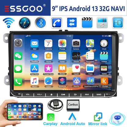 Central Multimídia 9" Android 14 4G+64G Sem Fio Carplay GPS NAVI WIFI RDS FM BT EQ para VW Golf 5 6 Passat Polo Touran Tiguan Caddy EOS