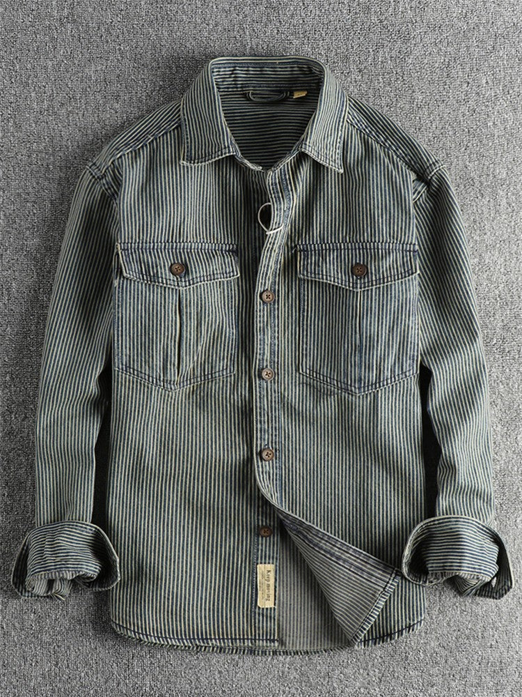 Autumn New American Retro Long Sleeved Lapel Denim Striped Cargo Shirt Men's Simple 100% Cotton Washed Old Casual Blouses Coat