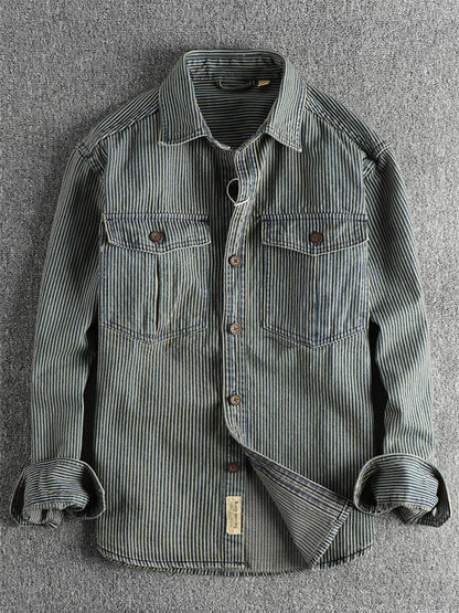 Autumn New American Retro Long Sleeved Lapel Denim Striped Cargo Shirt Men's Simple 100% Cotton Washed Old Casual Blouses Coat
