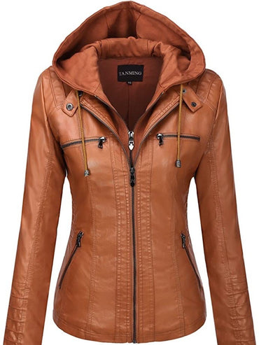 Hooded Leather Jacket Two-Piece Set Removable Large Size Leather Jacket for Women Spring & Fall Outwear for Women Pu Washed Leather