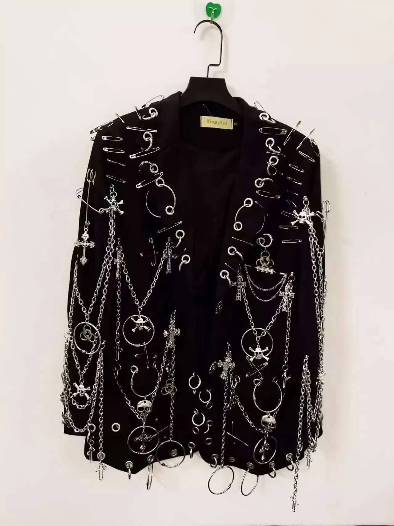 WVGA Spring Autumn New Men Y2K Dark Techwear Gothic Chain Design Blazer Punk Rock Heavy Beaded Niche Chic Casual Suit-Coat W8497