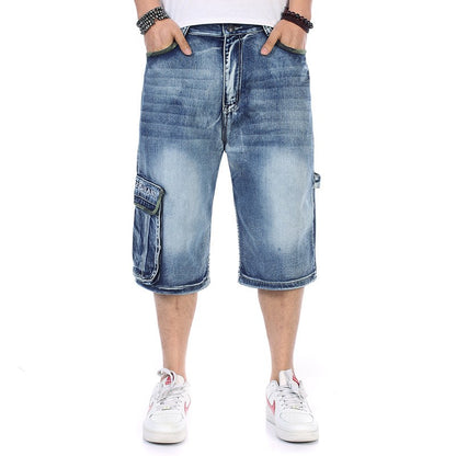 ABOORUN Mens Plus Size Loose Baggy Denim Shorts Fashion Streetwear Hip Hop Skateboard Cargo Jeans Short for Male R1402