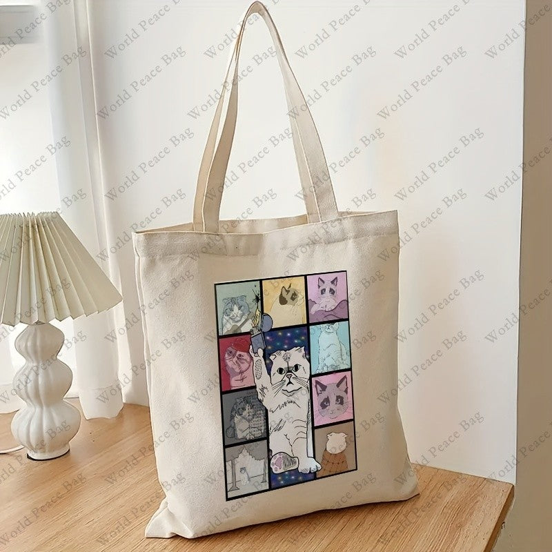 Cute Cartoon Cat Pattern Tote Bag Shopping Bag, Casual Canvas Shoulder Bag, Portable Storage Bag, Taylor merch Gift