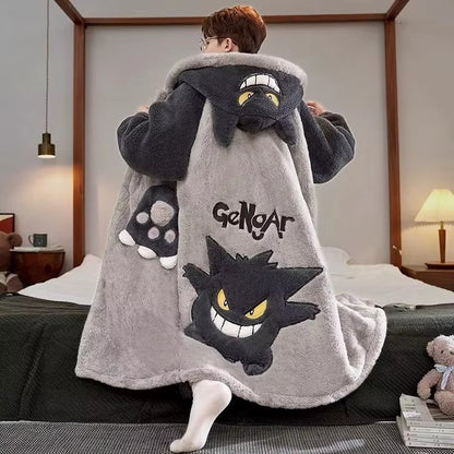 Gengar Pajamas Suit Anime Pokemon Winter Coral Fleece Nightgown Large Size of Thickened Warm Cartoon Men Hooded Home Suit Set