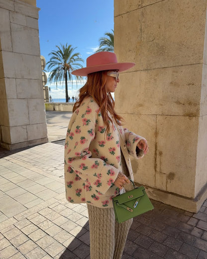 Casual Printed Short Fleece Jacket Women Fashion Round Neck Single Breasted Pocket Loose Jackets Lady Daily Commute Office Coat