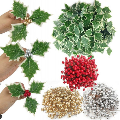 50/10Pcs Artificial Holly Berries With Green Leaves DIY Christmas Wreath Wedding Flower Gifts Xmas New Year Festival Decorations