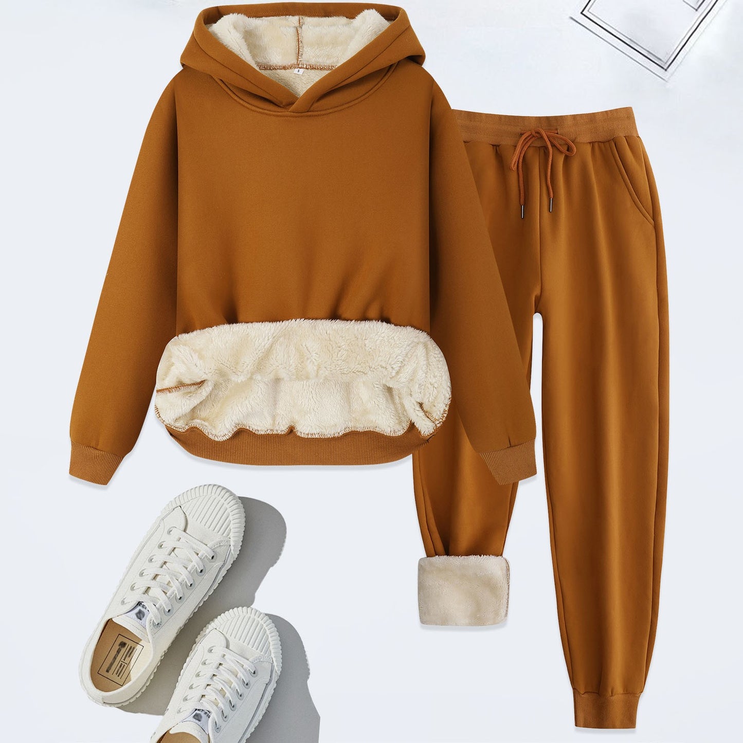 Winter Men Solid Thickened Lamb Velvet Hoodies Set Warm Fleece Sweatshirt Sweatpants 2pcs Thickened Casual Tracksuit