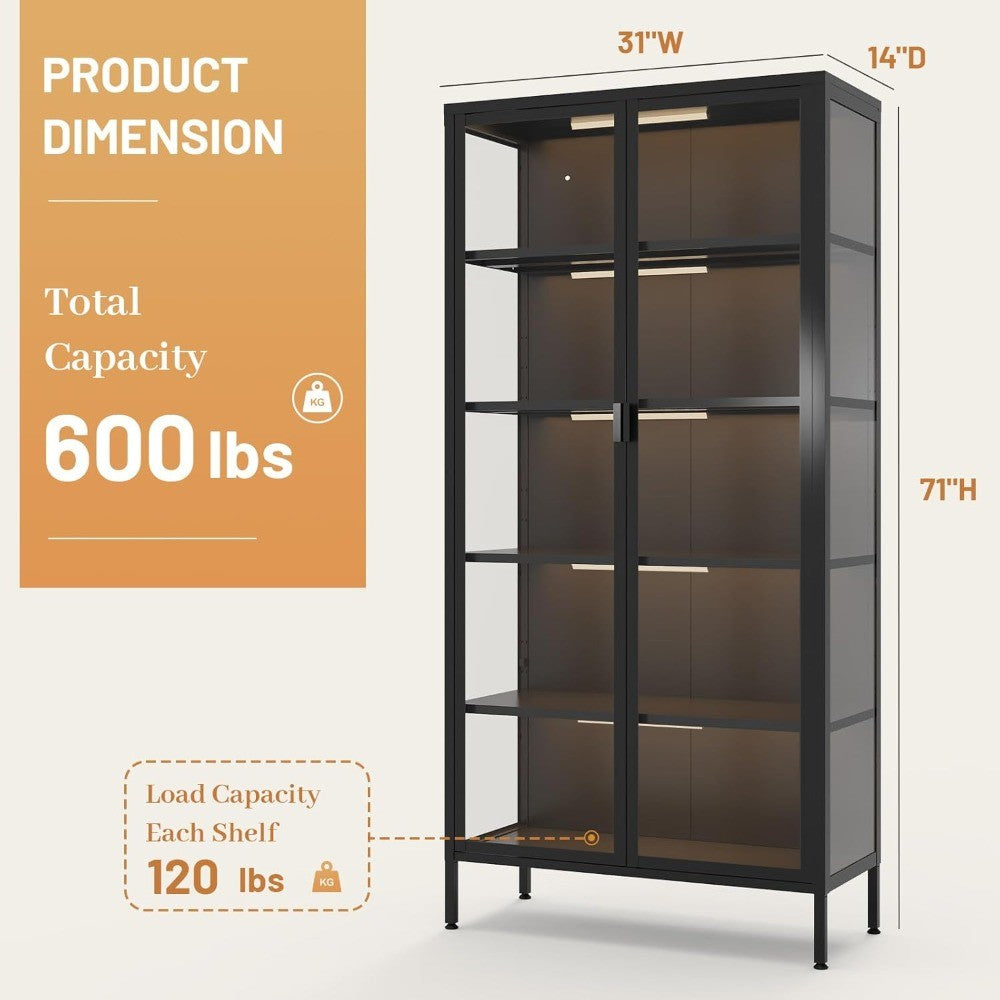 Glass Door Display Cabinet with 71 H, 5 Shelves, LED Sensor Lighting for Curio Showcases