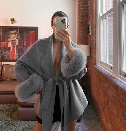 Casual Fur Patchwork Lace Up Woolen Coat Women Elegant V-neck Full Sleeve Loose Outerwear Lady Autumn Daily Commute Street Coats