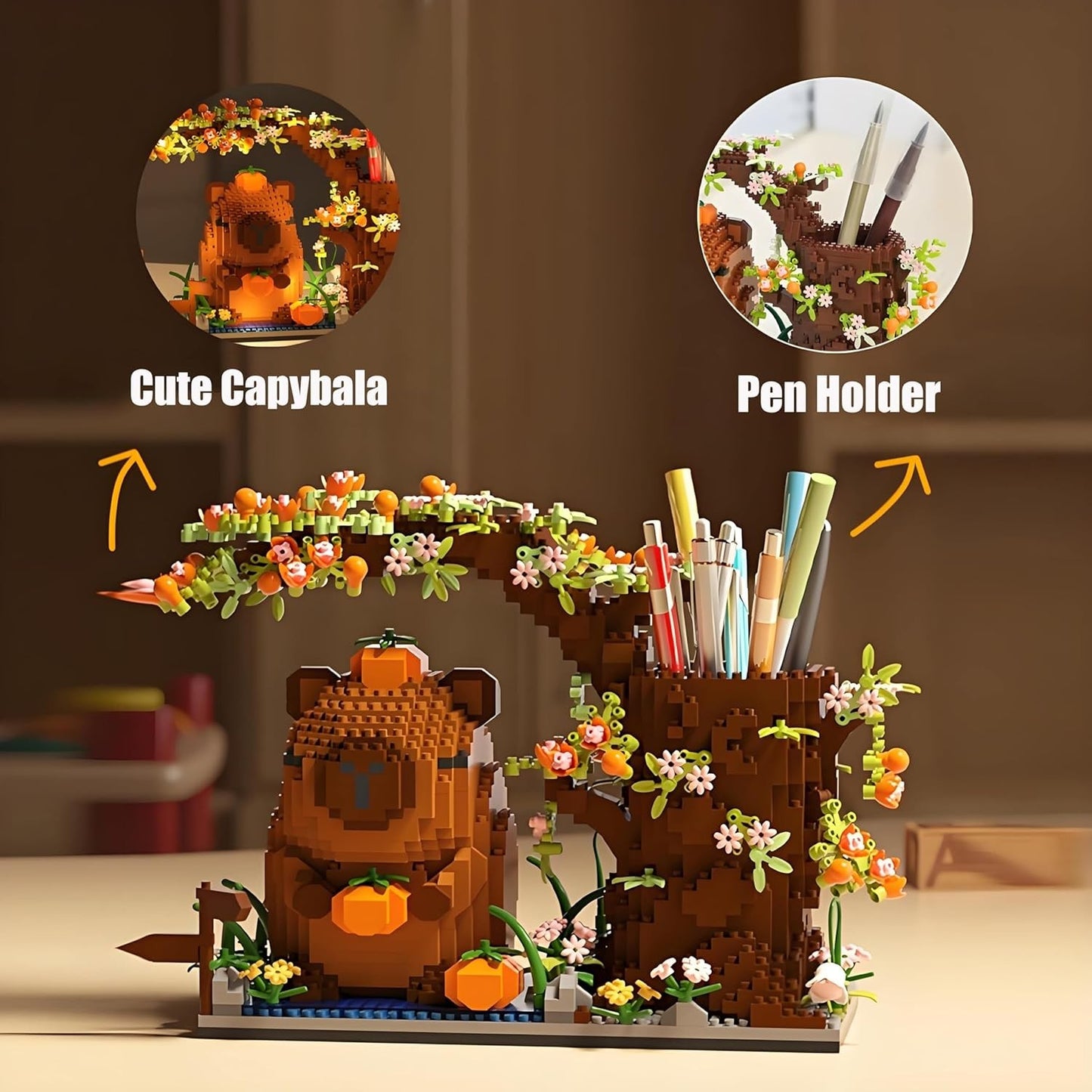 Porta Canetas Capivara de Blocos de Montar Organizador de Mesa Multifuncional para Material de Escritório Cosméticos Presente de Aniversário Decoração de Mesa