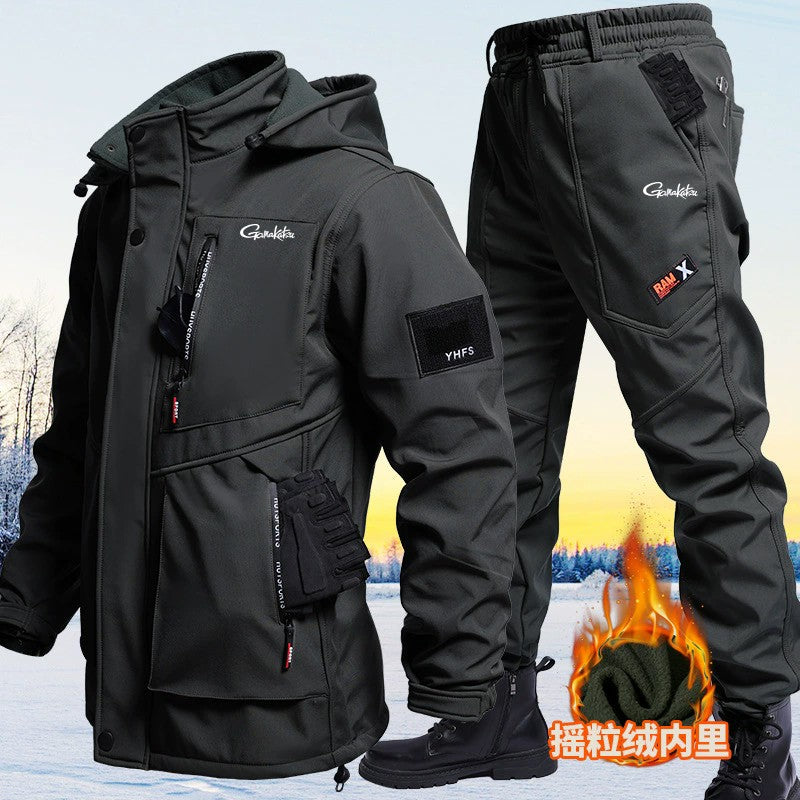 Conjunto de Roupas de Ciclismo e Pesca Gamakatsu Masculino para Outono e Inverno Impermeável Forrado com Lã Térmico Engrossado Corta-Vento Quente