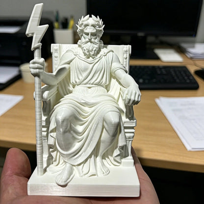 Greek God Zeus Statue on Throne, White 3D Print Sculpture, Ancient Greek Mythology Desktop Decor for Office Desk, Business Gift