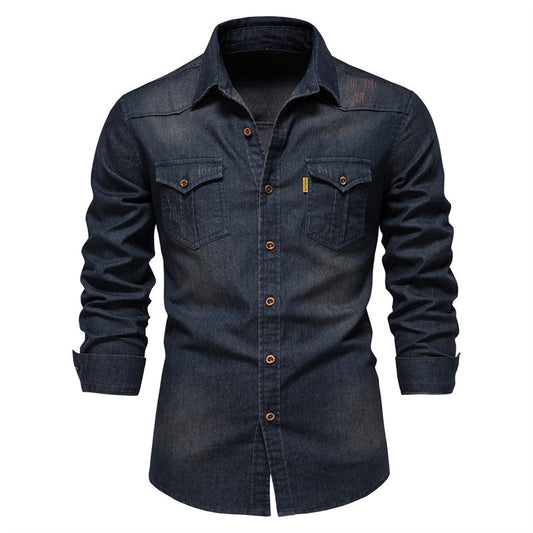 Men's casual solid - color long - sleeve denim shirt, a fashionable and versatile breathable cotton coat.
