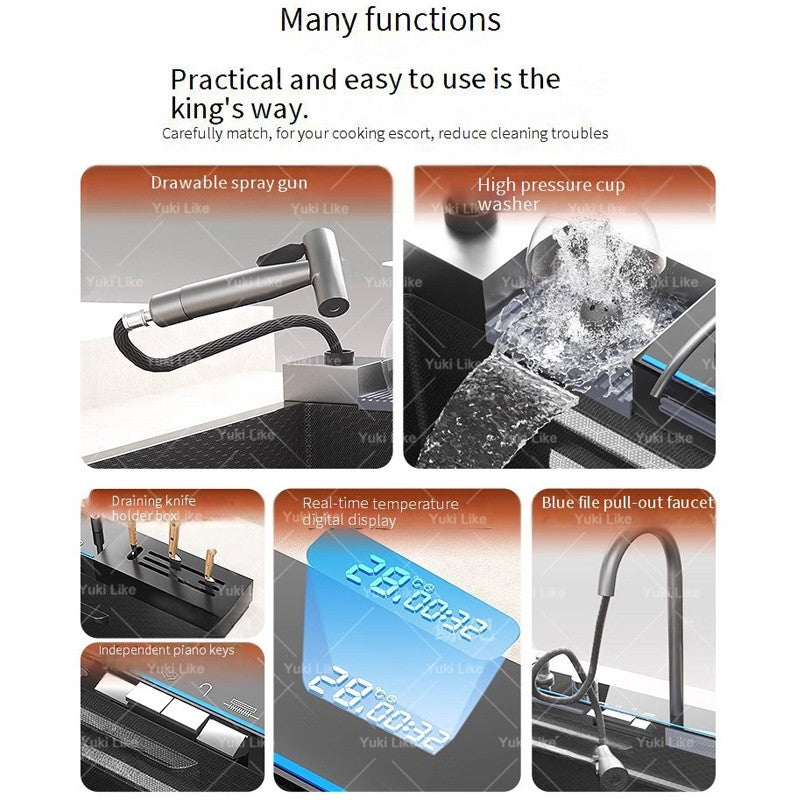 Stainless Steel Waterfall Kitchen Sink Digital Display Faucet Set Embossed Extra Large Single Slot Multiple Types of sinks