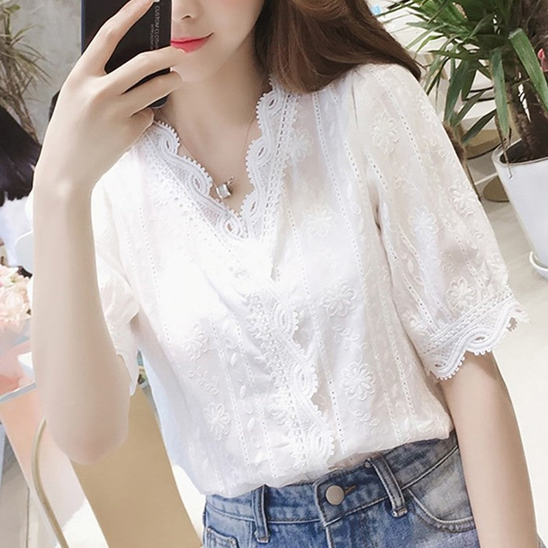 Women's Shirt Lace Hollow Out Sweet Loose White V-Neck Blouse Half Sleeves Solid Blouse Shirt