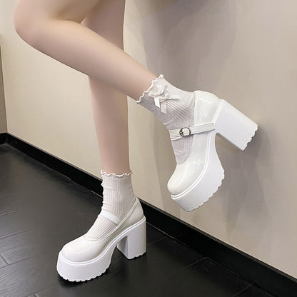 Sapatos femininos com salto plataforma grosso e alto, estilo Mary Jane, em couro PU, fivela no tornozelo, salto grosso, brancos, estilo Lolita, outono 2023