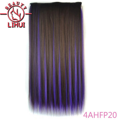 Extensões de cabelo sintéticas com clipe, longas e lisas, com 5 clipes em uma única peça, extensões de cabelo multicoloridas LIHUI