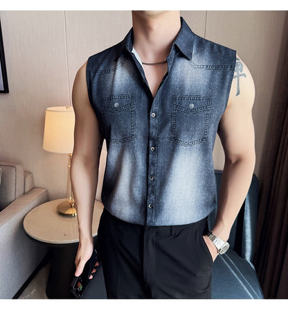 Men's Slim-Fit Sleeveless Denim Shirt Vest: WashedFabric Wrinkle-Free & Stylish Casual Wear? M-4XL