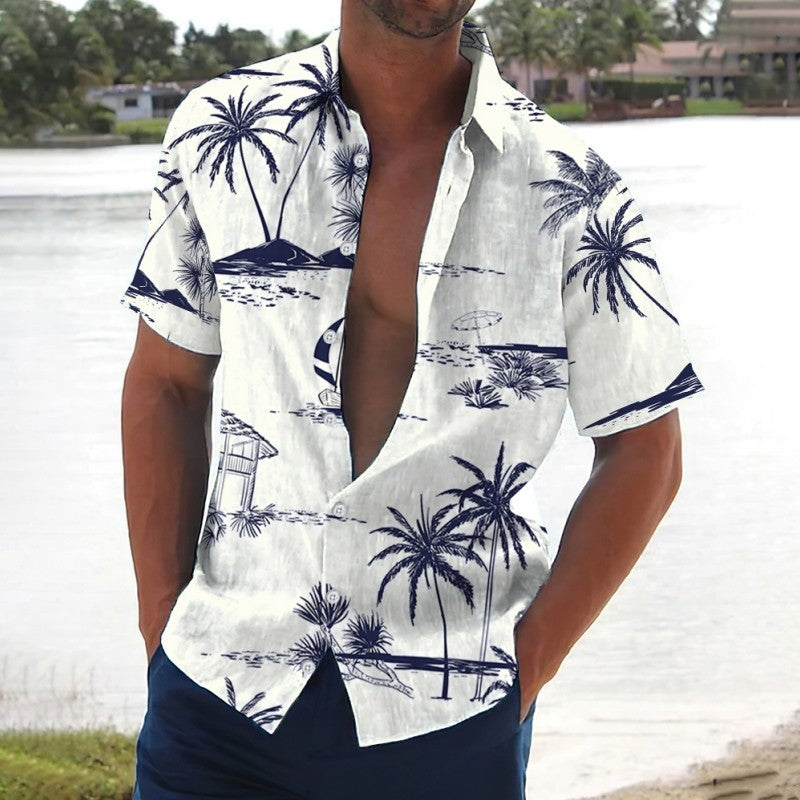 Retro Men's Shirt Coconut Tree Print Short Sleeve Shirts Beach Casual Man Clothing Loose Oversized Hawaiian Shirts For Men 2024