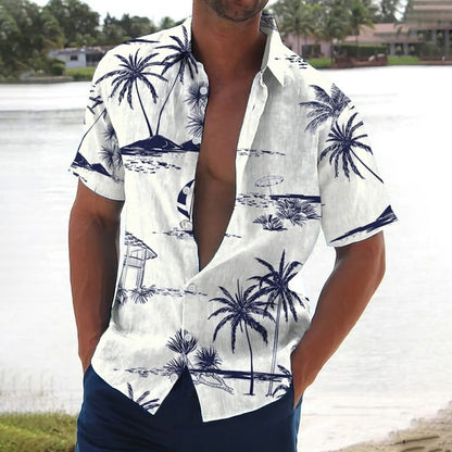 Retro Men's Shirt Coconut Tree Print Short Sleeve Shirts Beach Casual Man Clothing Loose Oversized Hawaiian Shirts For Men 2024