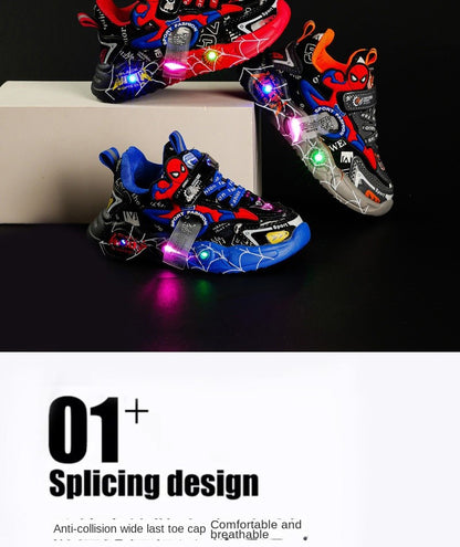 Disney LED Casual Sneakers Red Black For Spring Boys Spiderman Outdoor Shoes Children Lighted Non-slip Shoes Size 21-30