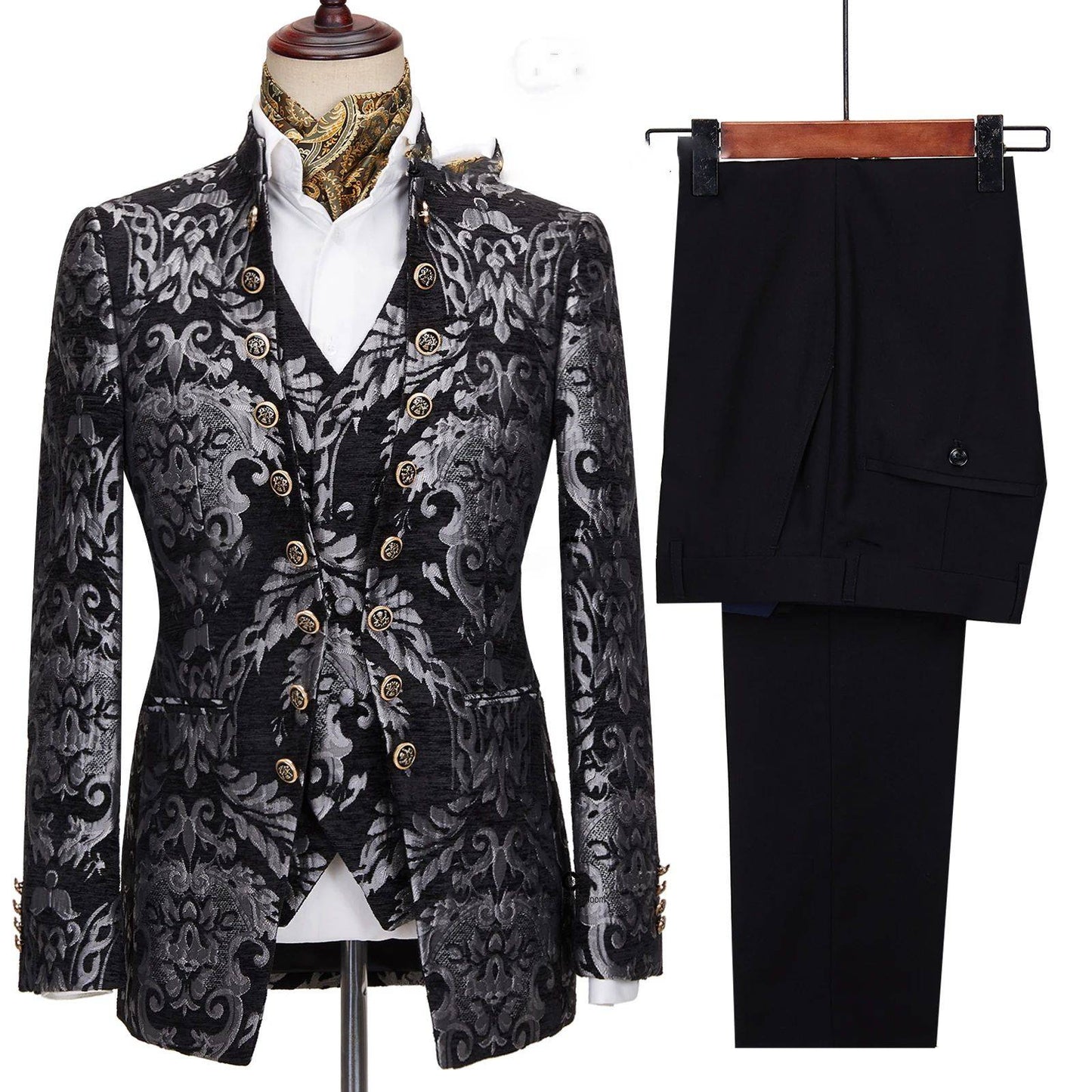 Fashion Gold Floral Suits For Men Slim Fit Luxury Party Wedding Groom Tuxedos Custom Stand Collar Jacket Vest Pants 3 Pieces Set