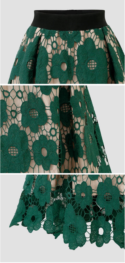 Summer Boho Lace Skirts Women Vintage Mesh Hollow Out Plus Size Skirt Elastic Waist Elegant  A-Line Midi Saias Black Red Green