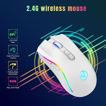 Mouse Mecânico Sem Fio RGB HXSJ T69 2.4G Mouse Gamer Ergonômico com 7 Botões Programáveis 4800DPI para Escritório e Jogos