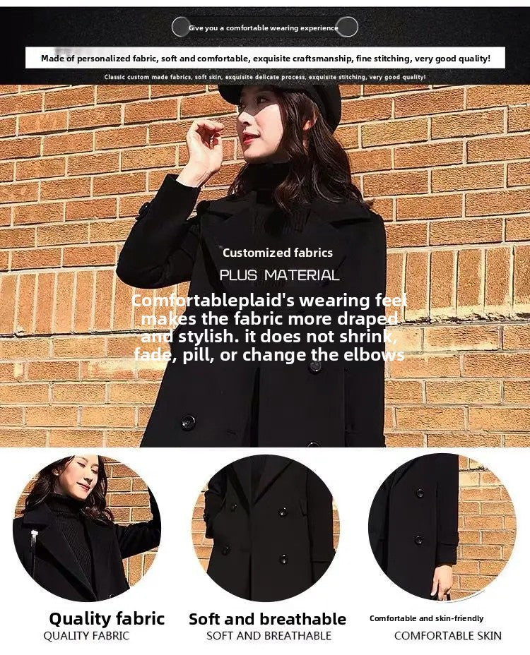 Plus Size Black Woolen Coat 2025 New Style Women's Autumn Winter Professional Mid-Length Trendy Polyester Fiber Suit Collar F...