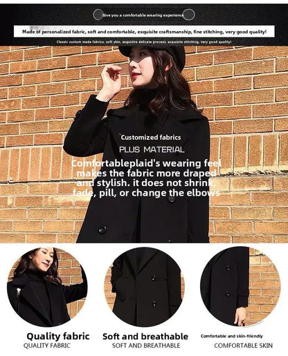 Plus Size Black Woolen Coat 2025 New Style Women's Autumn Winter Professional Mid-Length Trendy Polyester Fiber Suit Collar F...