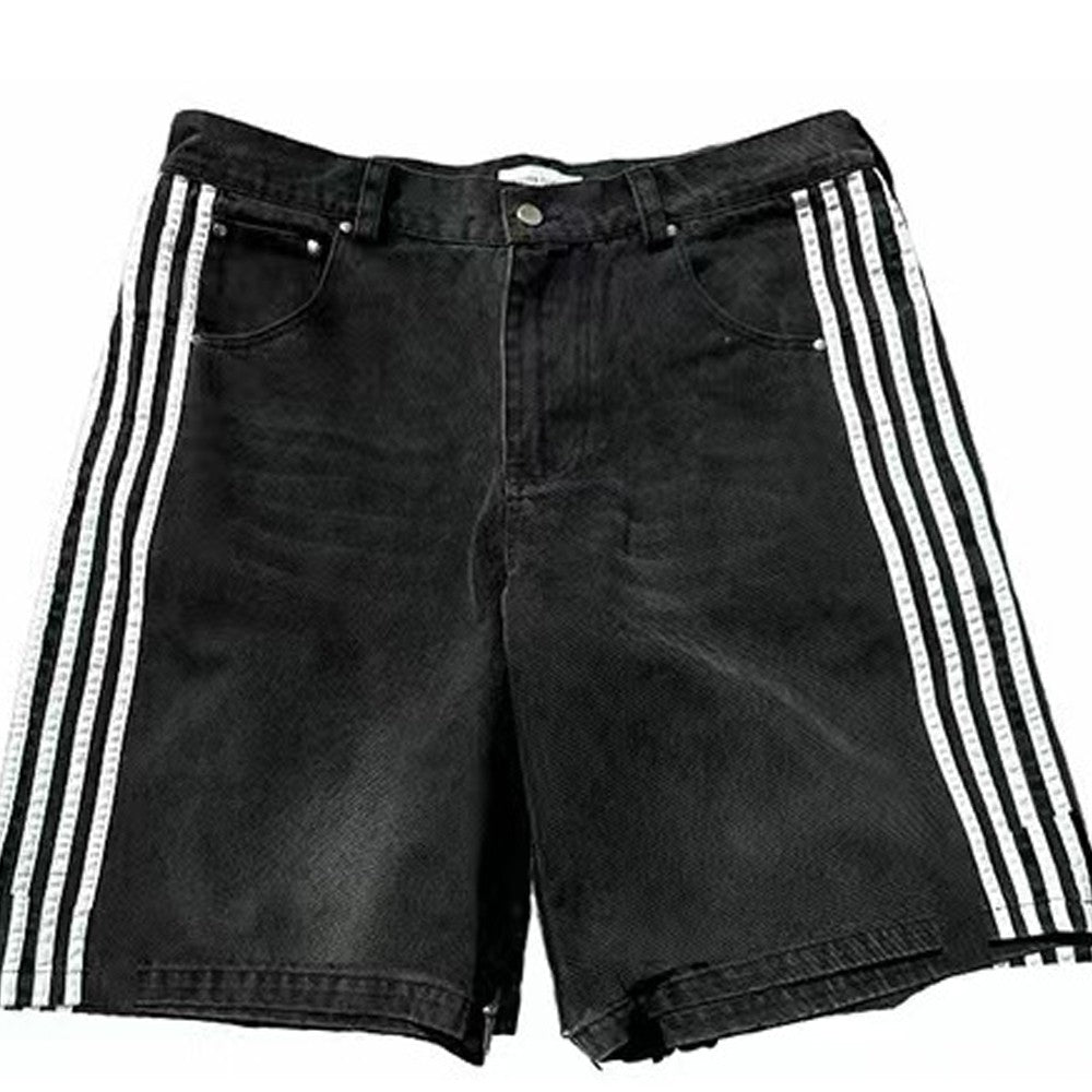 Y2K Denim Shorts Mens Womens HCW Striped Embroidery Retro Loose Summer Shorts Harajuku Hip Hop Casual Gym Shorts Streetwear New